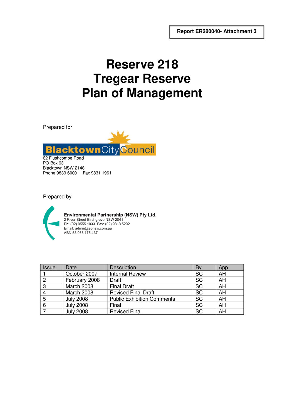 Reserve 218, Tregear Reserve Plan of Management, 2008