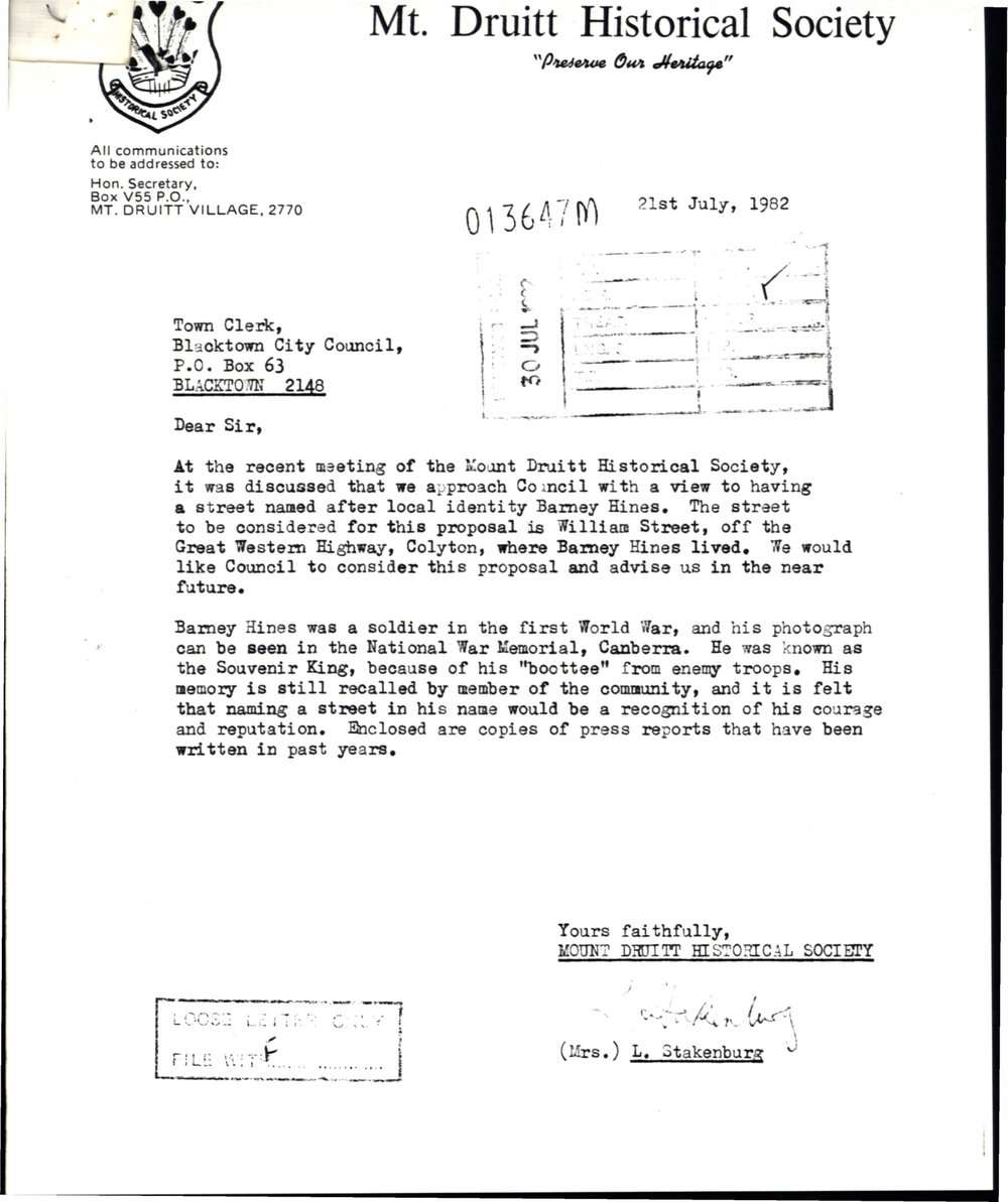 Naming of John Hines Avenue, Minchinbury