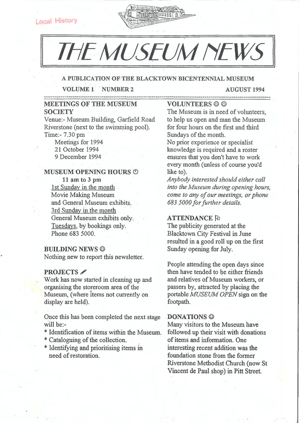 The Museum News, Blacktown Bicentennial Museum, 1994