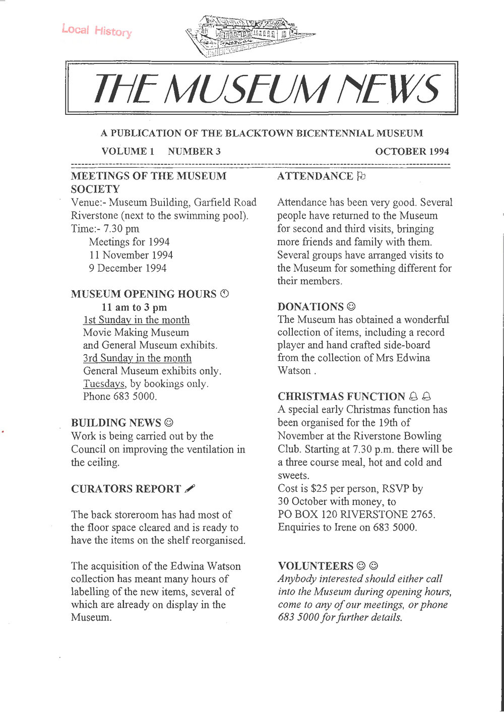 Blacktown Bicentennial Museum, Museum News,  October 1994