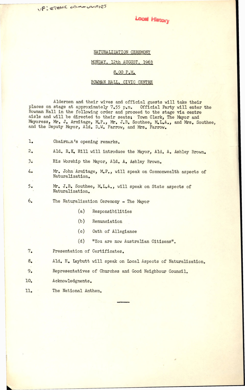 Blacktown Municipal Council Naturalisation Ceremony,  August 1963