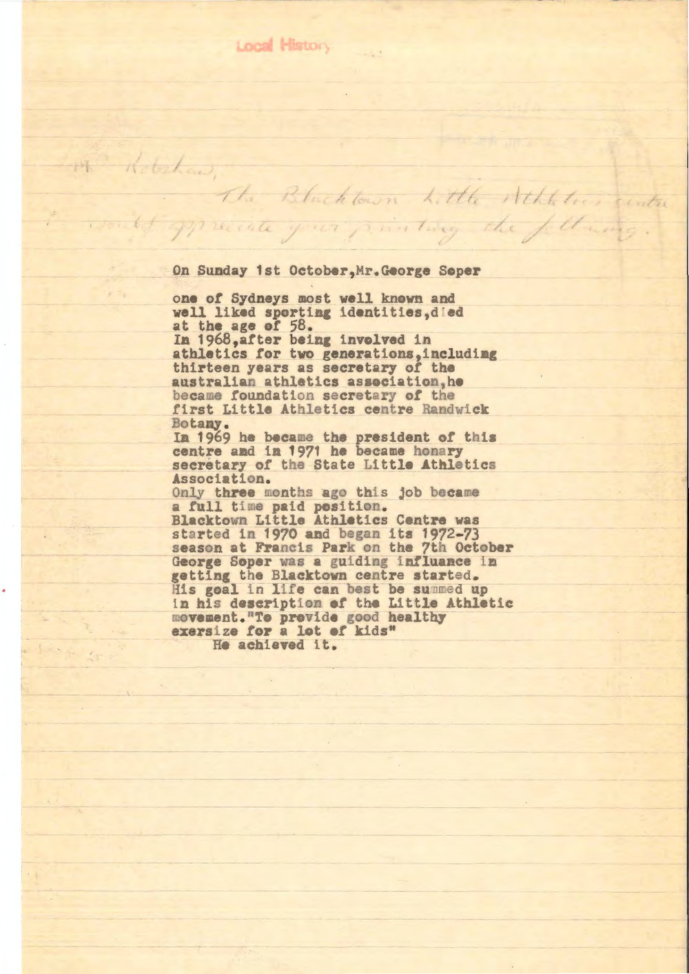 George Soper, Little Athletics - Obituary, 1972