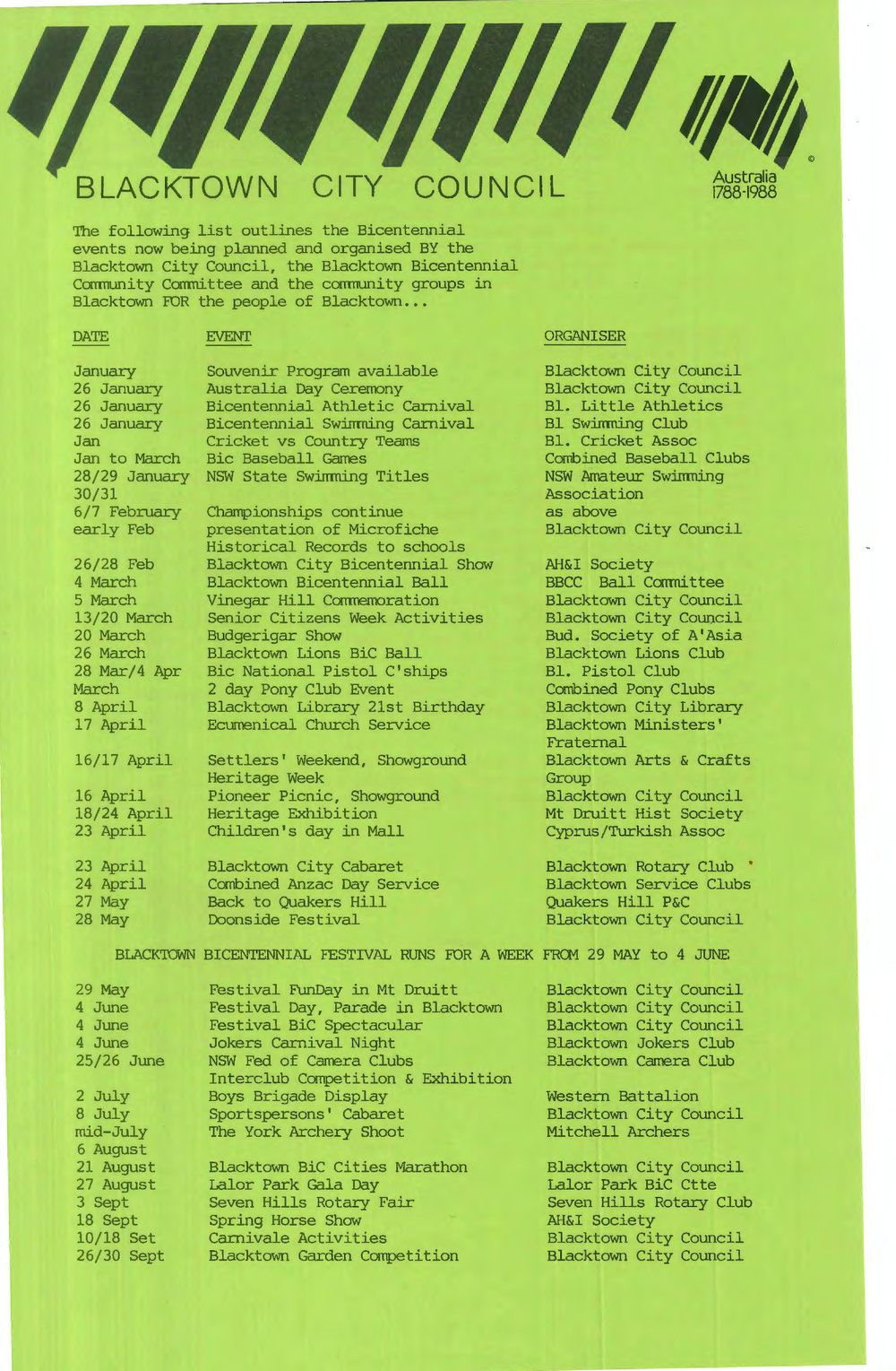 Blacktown City Council Bicentennial events program flyer