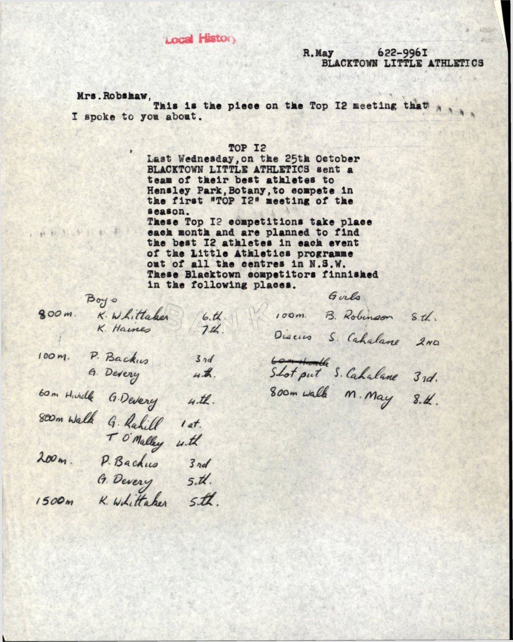 Blacktown Little Athletics Top 12 Meeting Report. n.d.