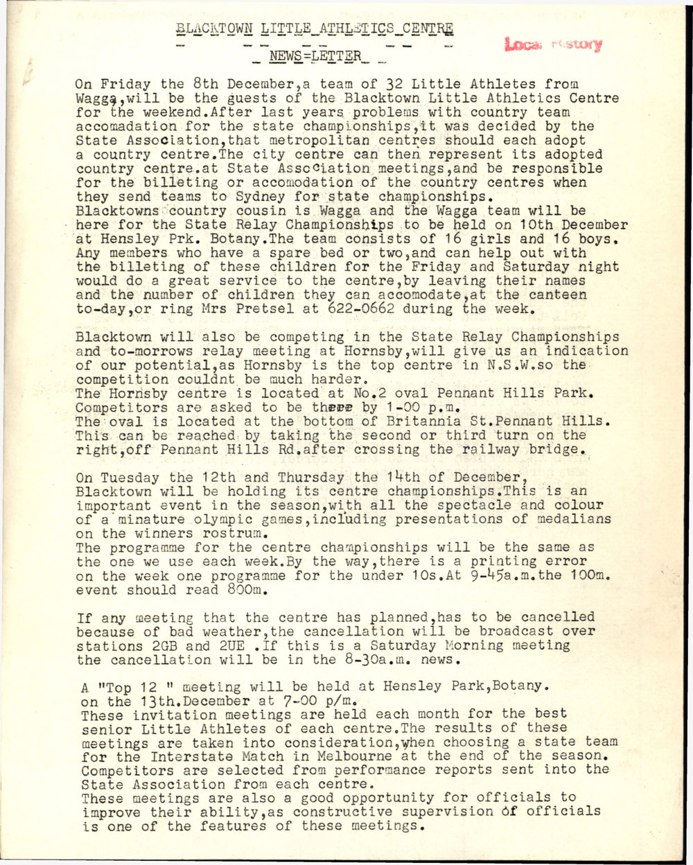 Blacktown Little Athletics Centre Newsletter, ?1971