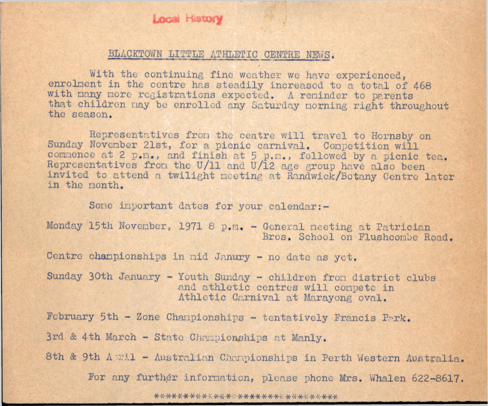 Blacktown Little Athletics Centre News, 1971