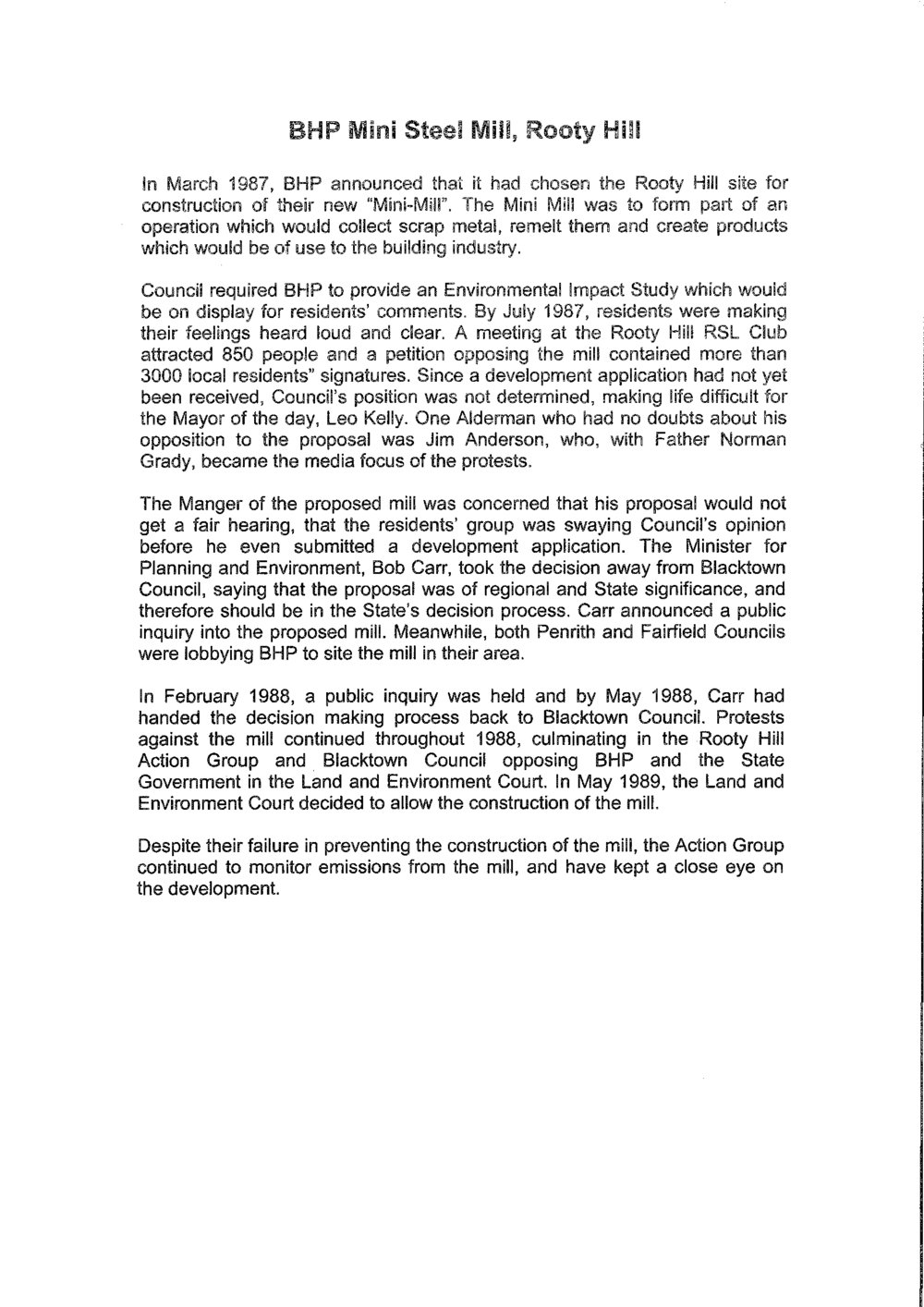 BHP Mini Steel Mill, Rooty Hill - Brief Account of Opposition by Residents, c1990s