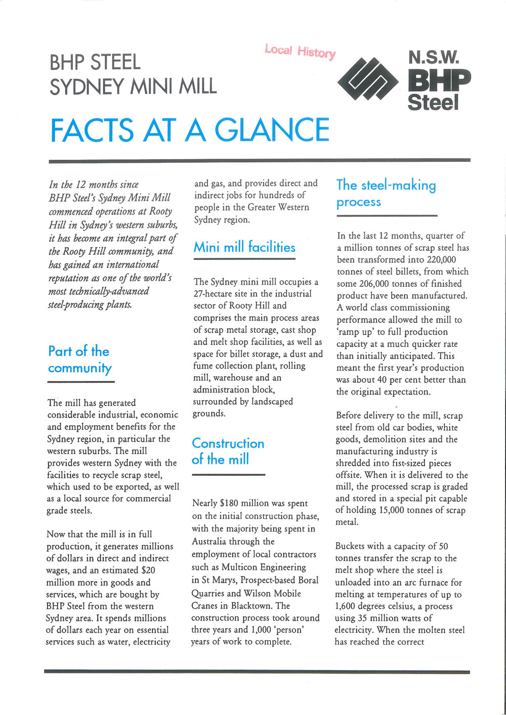 BHP Steel Sydney Mini Mill Facts, c1994