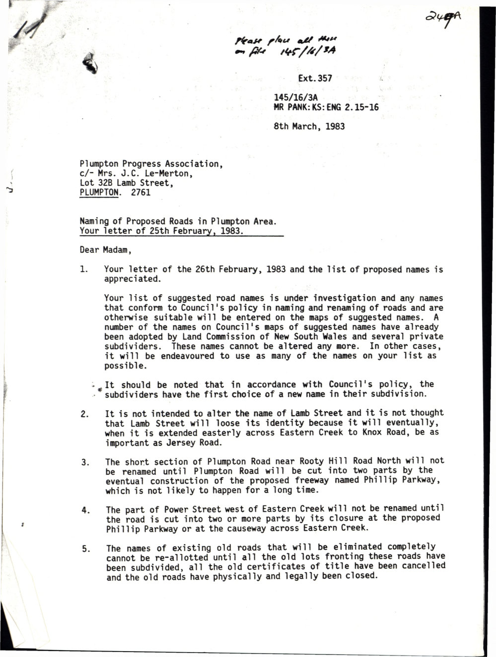 Proposed Naming of Roads Plumpton, 1983