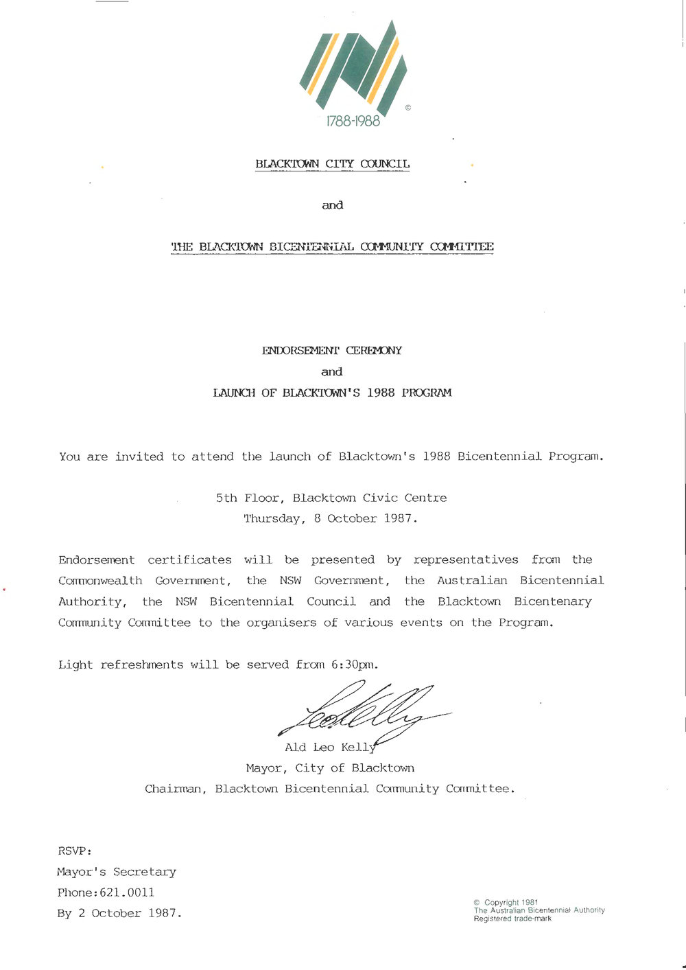 Invitation to Endorsement Ceremony and Launch of Blacktown's Bicentennial Program, 1987