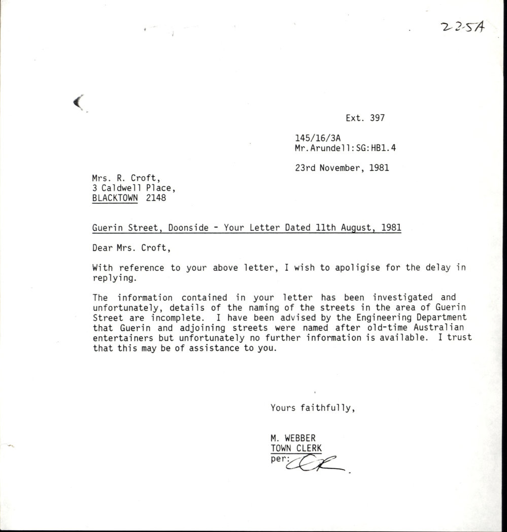 Naming of Guerin Street, Doonside, 1981