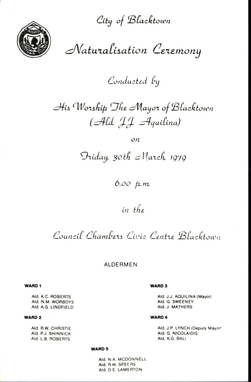 Blacktown City Council Naturalisation ceremony, 1979