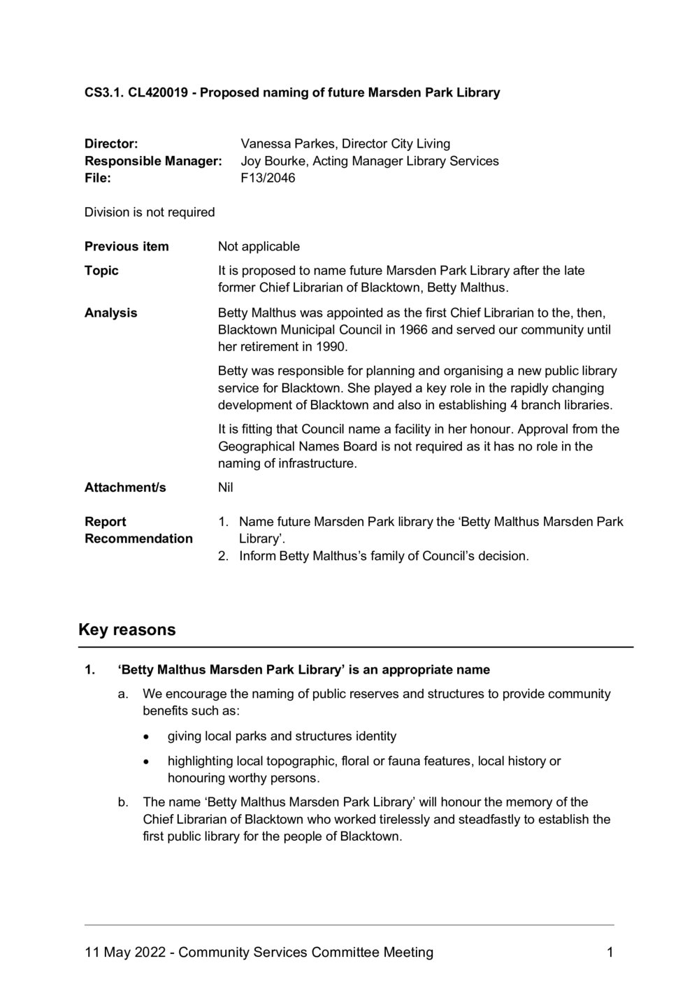 Proposed Naming of the Future Marsden Park Library, 2022