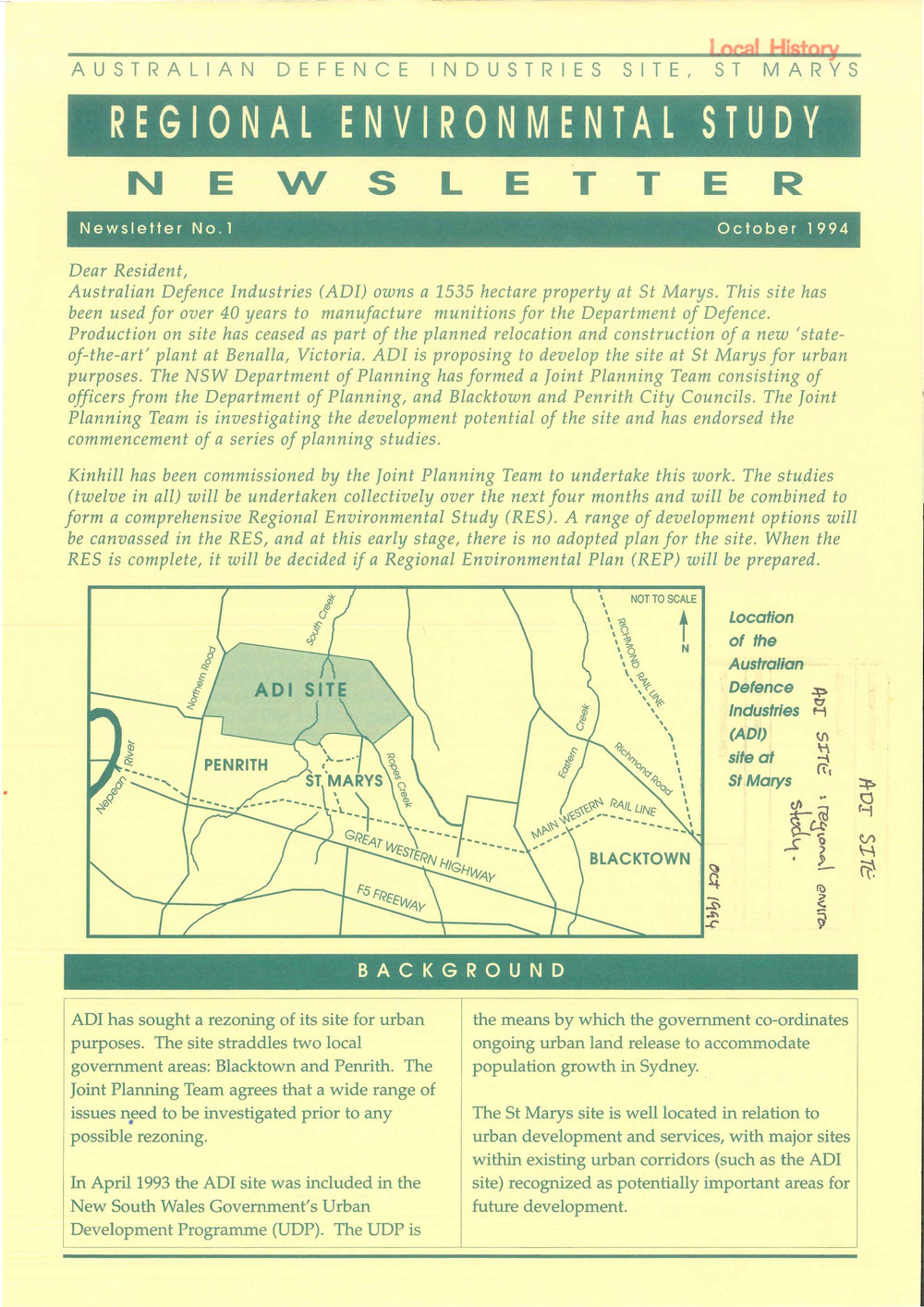 Australian Defence Industries Site, Regional Environmental Study Newsletter, 1994