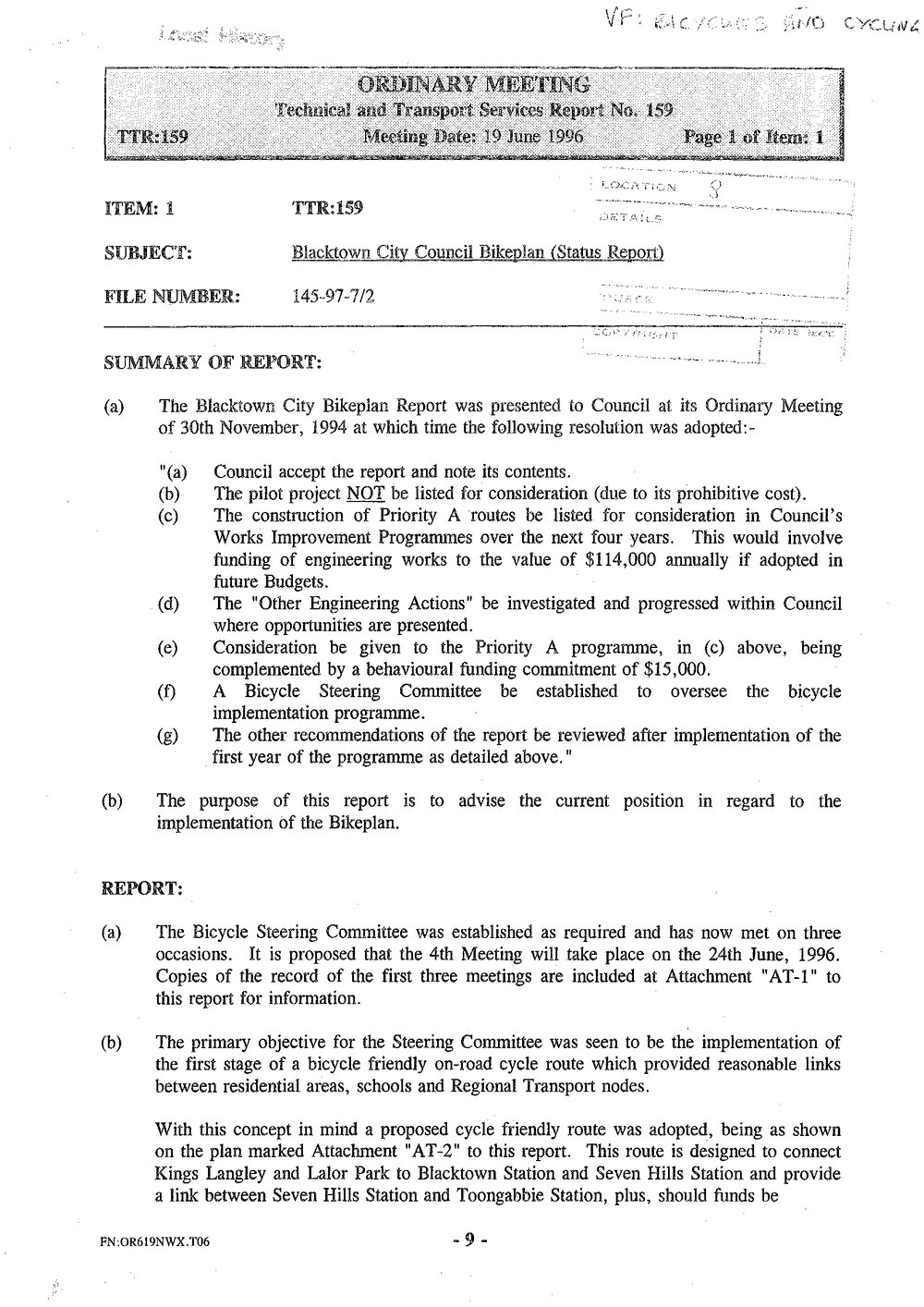 Blacktown City Council Bikeplan (Status Report), 1996