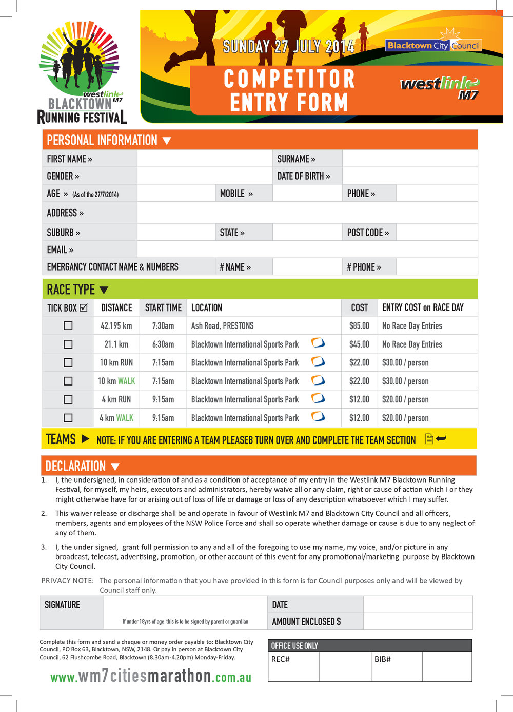Westlink M7 Blacktown Running Festival Competitor Entry Form, 2014