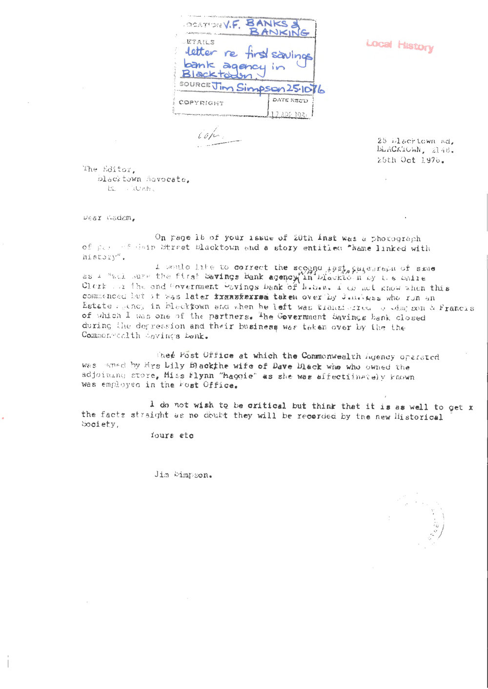 Letter from James (Jim) Simpson about the First Savings Bank in Blacktownh, 1976