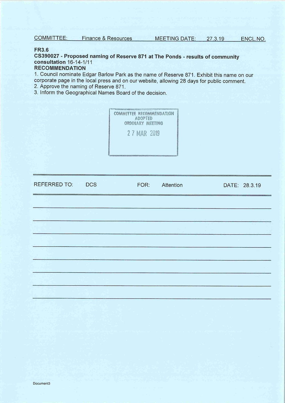 Proposed naming of Reserve 871, The Ponds,  2019