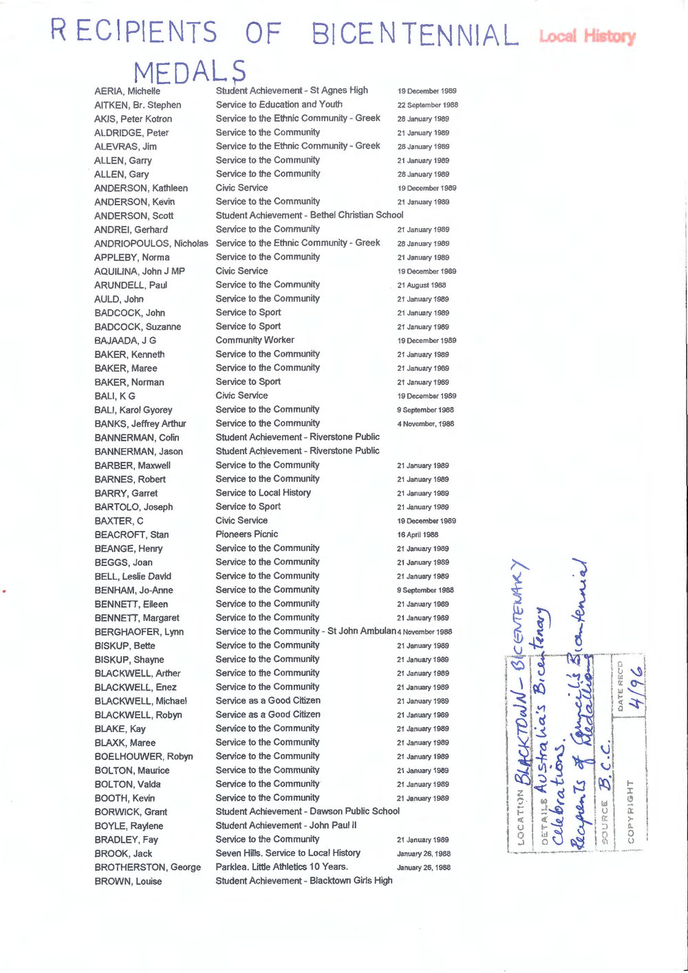Blacktown City Council Bicentennial Medals, c1988