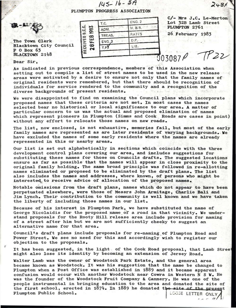 Proposal to Rename Roads in Plumpton, 1983