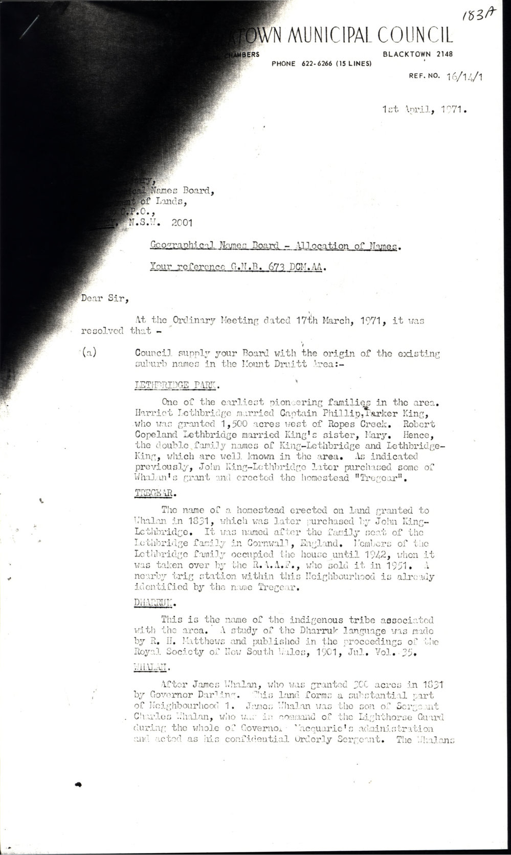 Mount Druitt Suburb Names, 1971