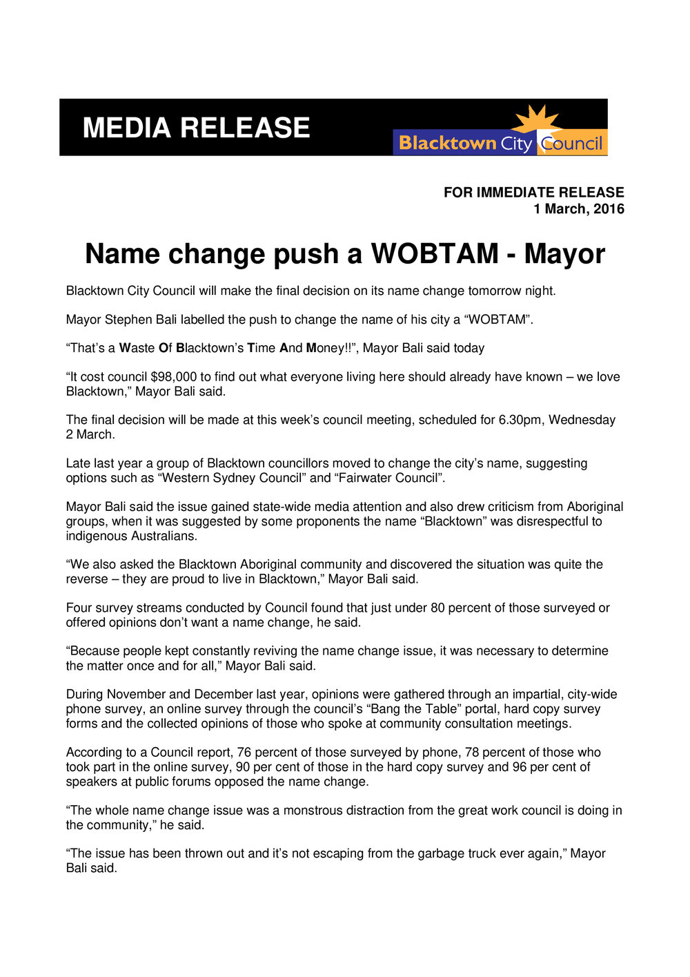 Name Change Push a WOBTAM - Mayor, 2016