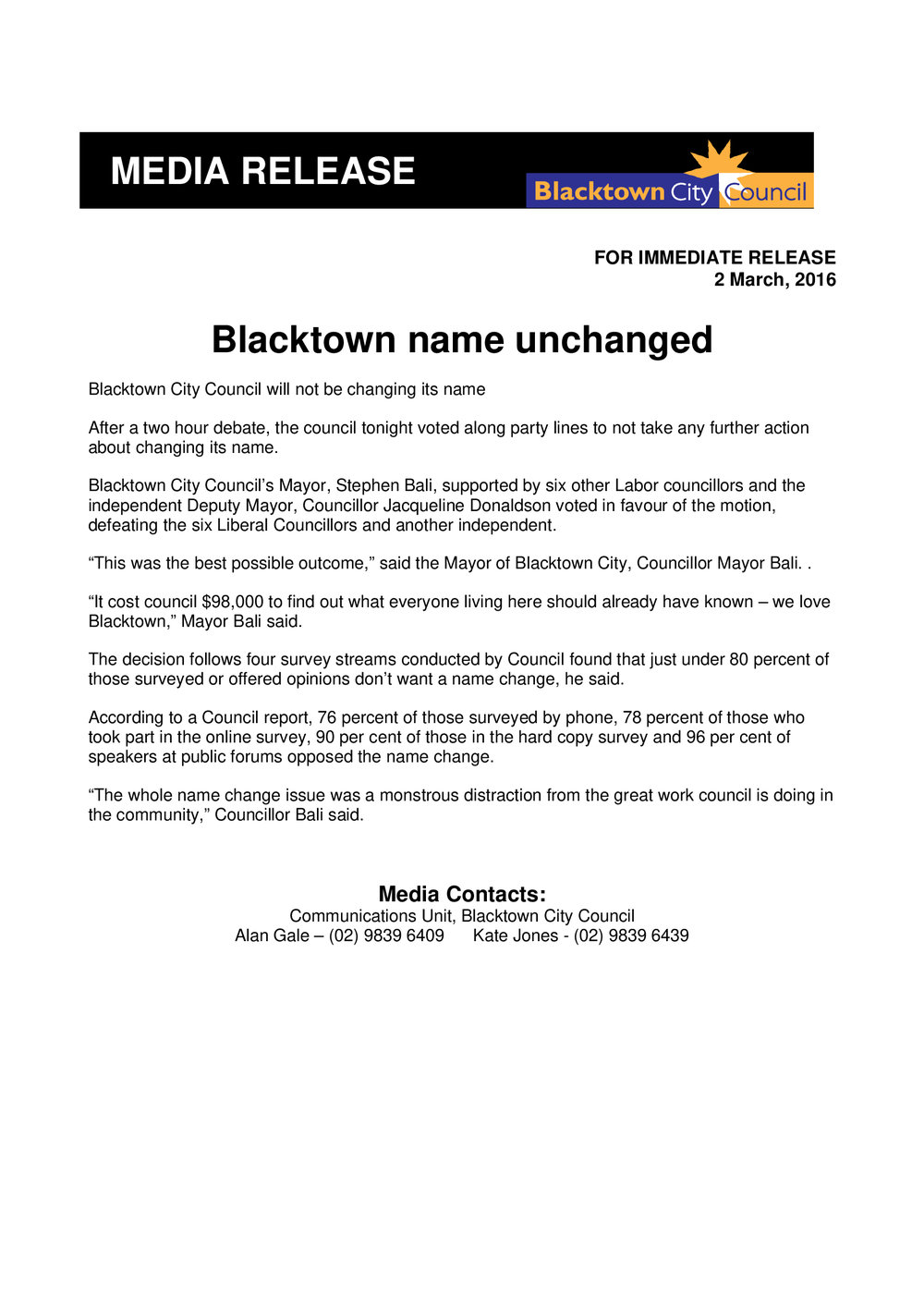 Blacktown Name Unchanged, 2016
