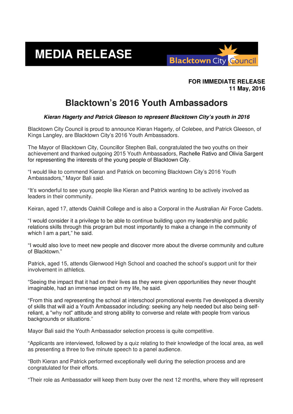 Blacktown's Youth Ambassadors, 2016