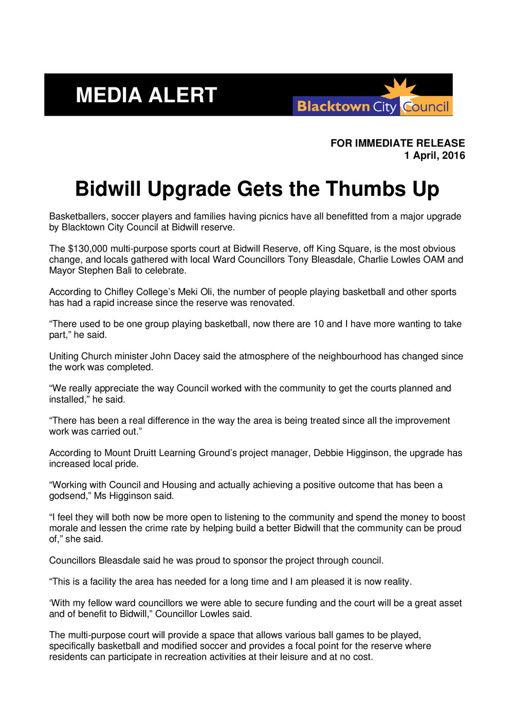 Bidwill Reserve Gets the Thumbs Up, 2016