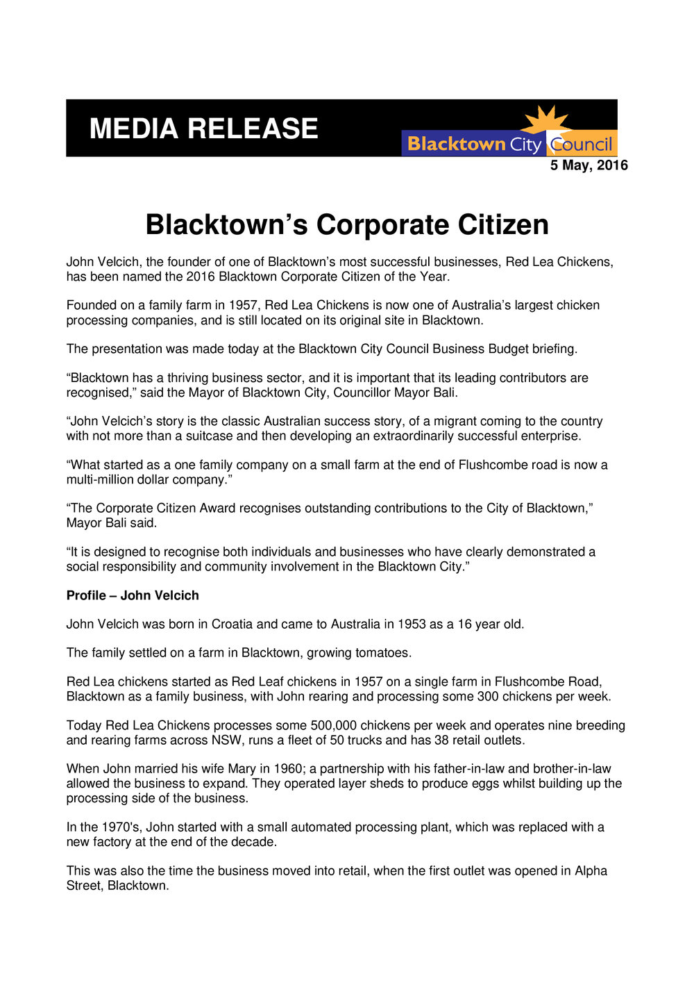 John Velcich, Blacktown Corporate Citizen of the Year 2016