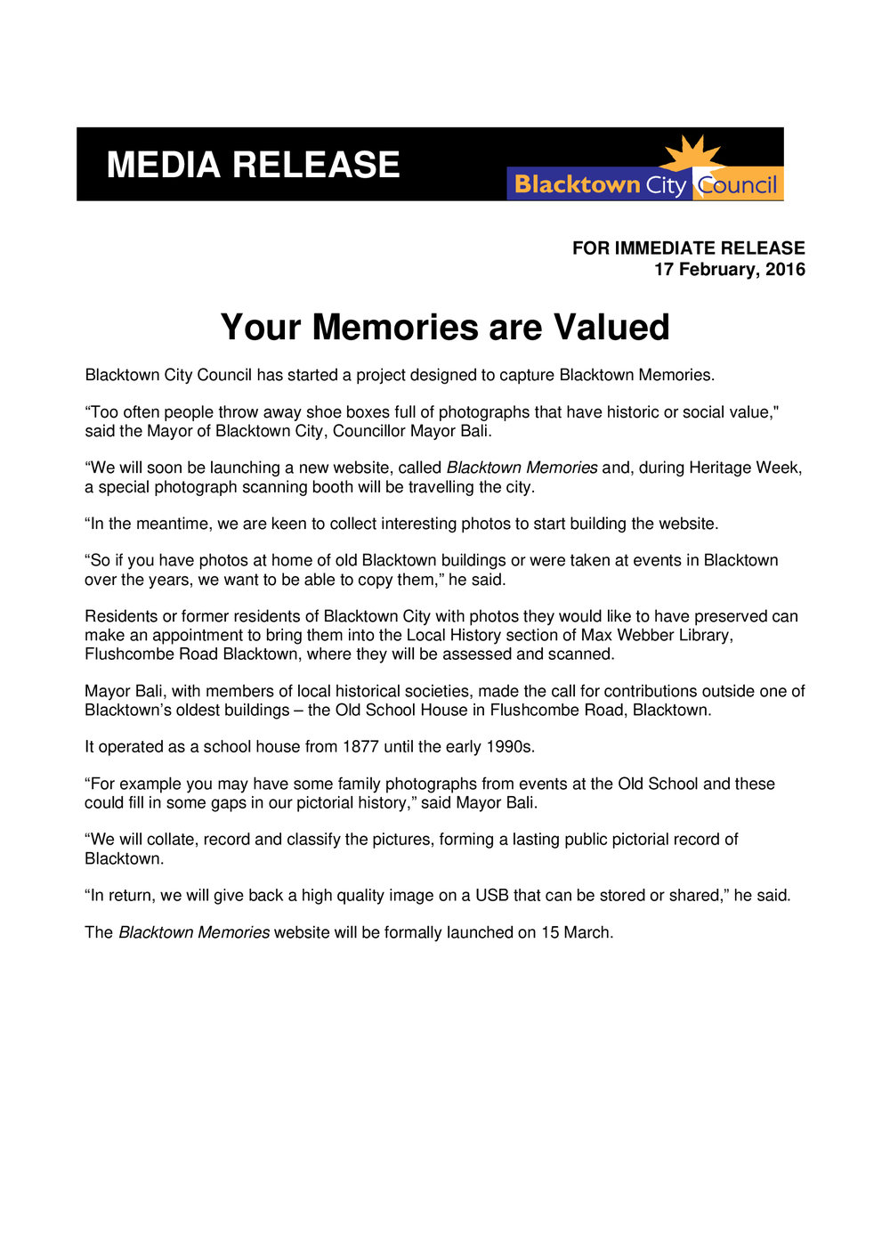 Blacktown Memories Website Launch, 2016