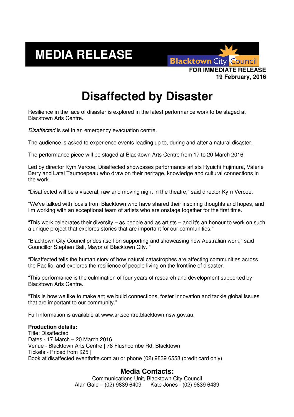 Disaffected by Disaster Performance, 2016