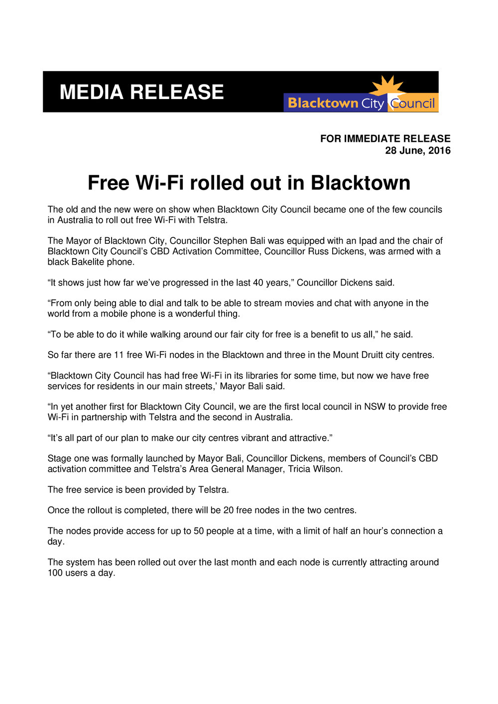 Free Wi-Fi Rolled Out in Blacktown, 2016