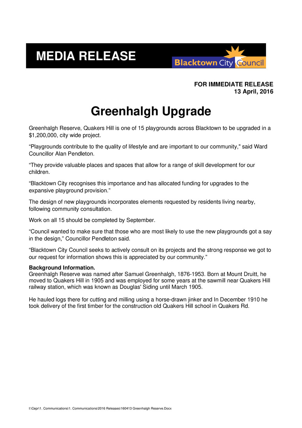 Greenhalgh Reserve, Quakers Hill Upgrade,  2016