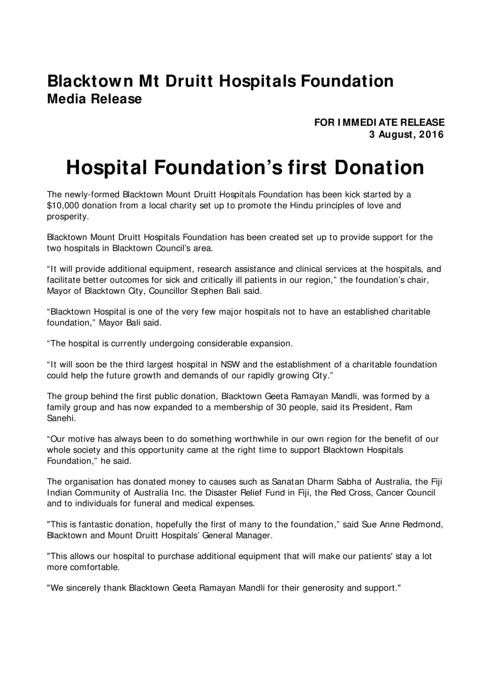 Hospital Foundation's First Donation, 2016