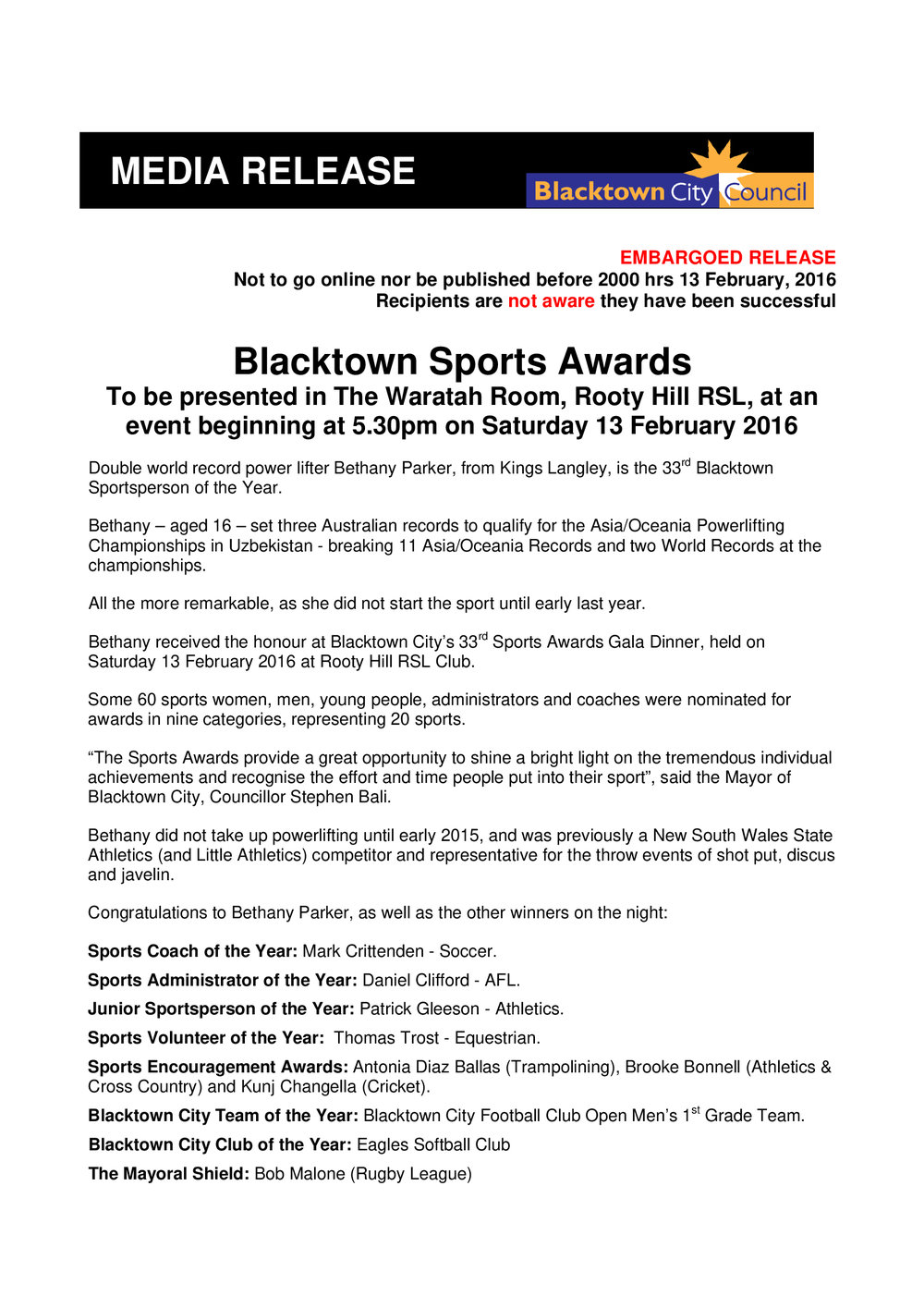 Blacktown City Sportsperson of the Year, 2015