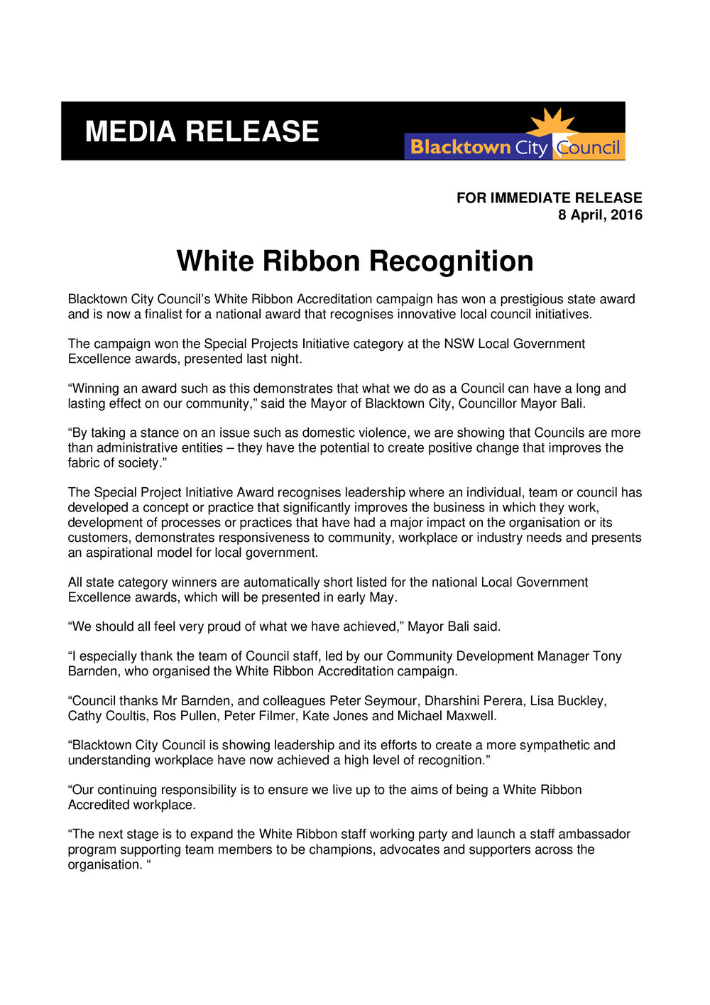 Blacktown City White Ribbon Accreditation, 2016