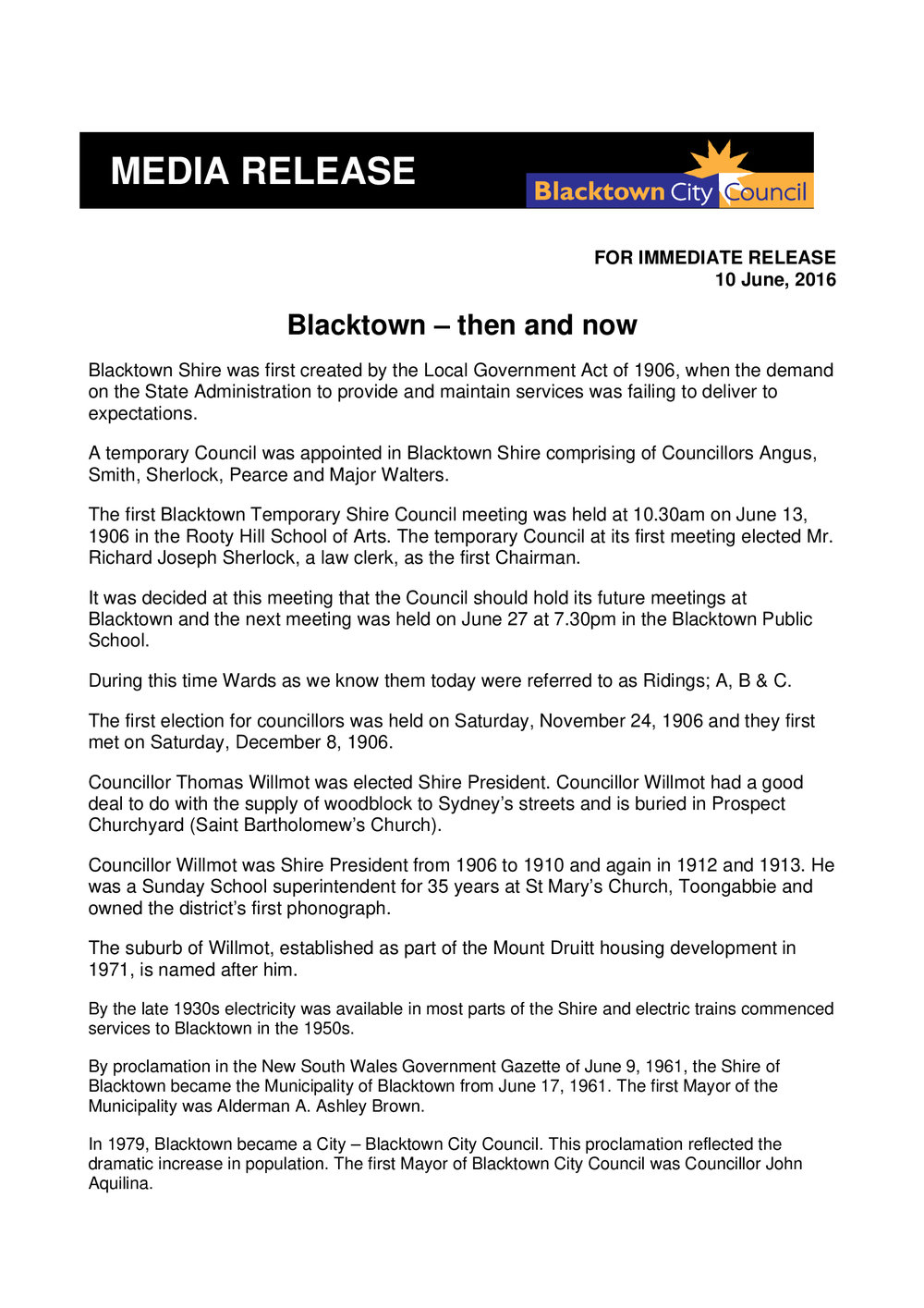 Blacktown Then and Now, 110th anniversary, 2016