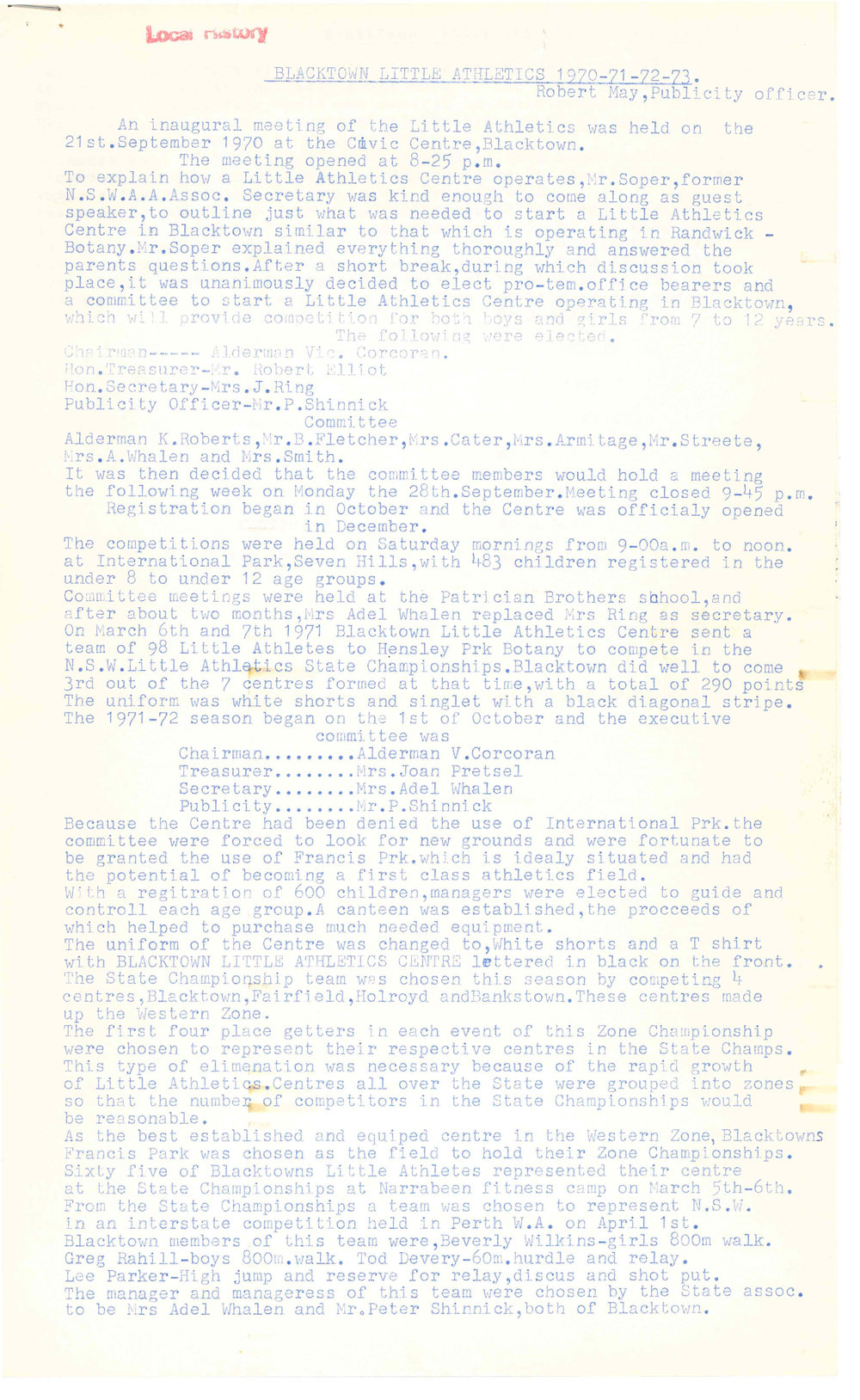Blacktown Little Athletics, 1970-71-72-73
