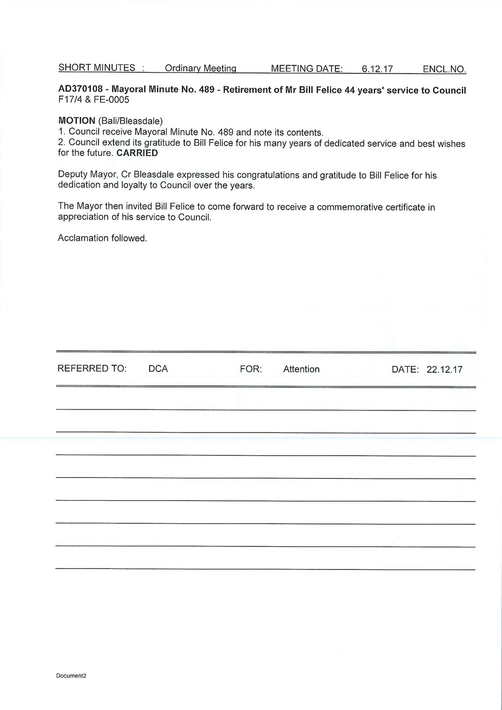 Bill Felice (Mayoral Minute No 489), 2017