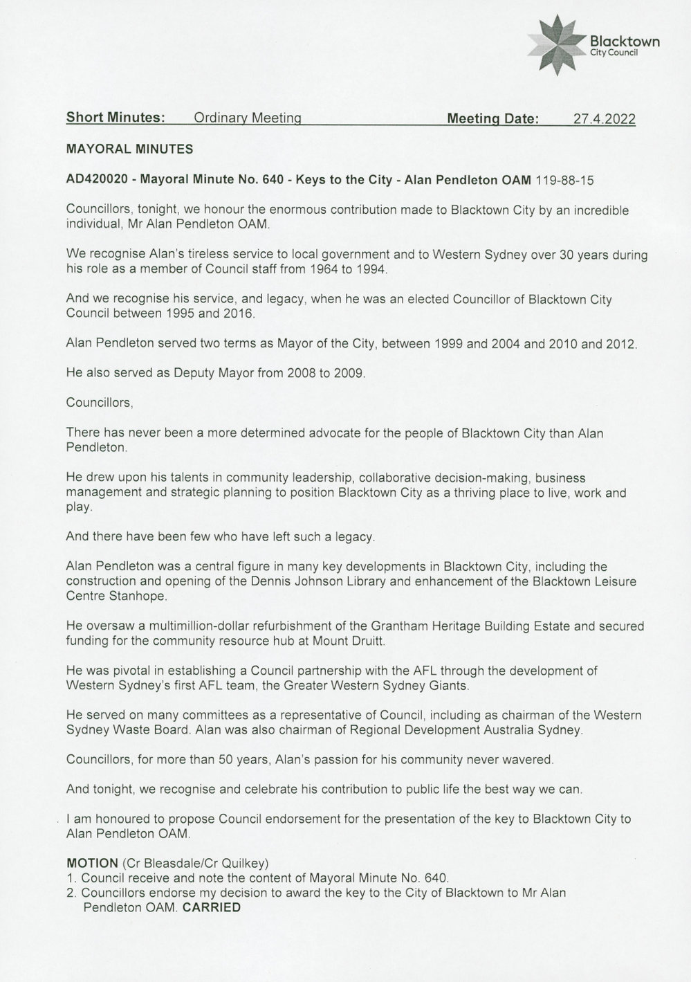 Alan Pendleton, OAM (Mayoral Minute No 640), 2022