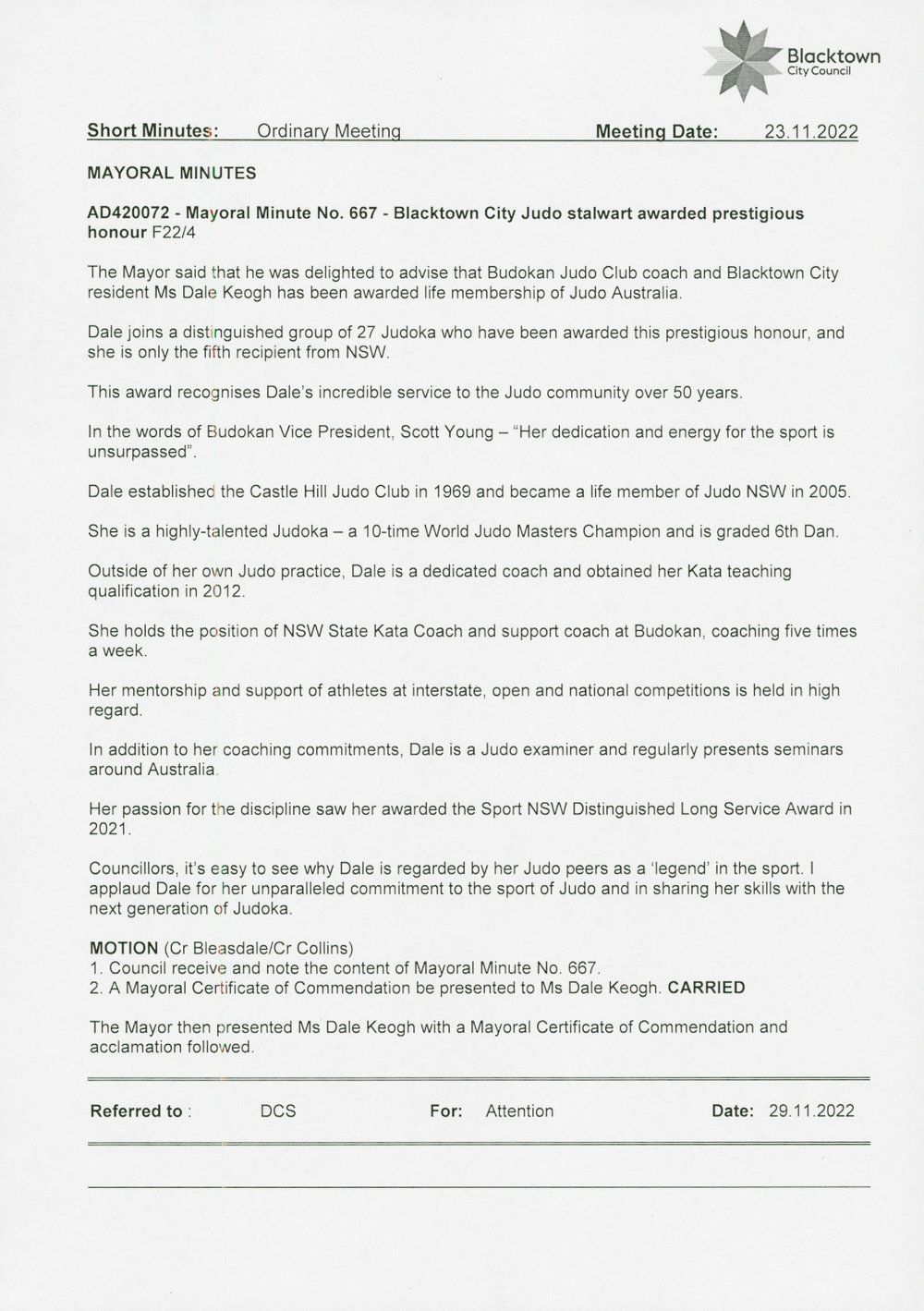 Dale Keogh (Mayoral Minute No 677), 2022