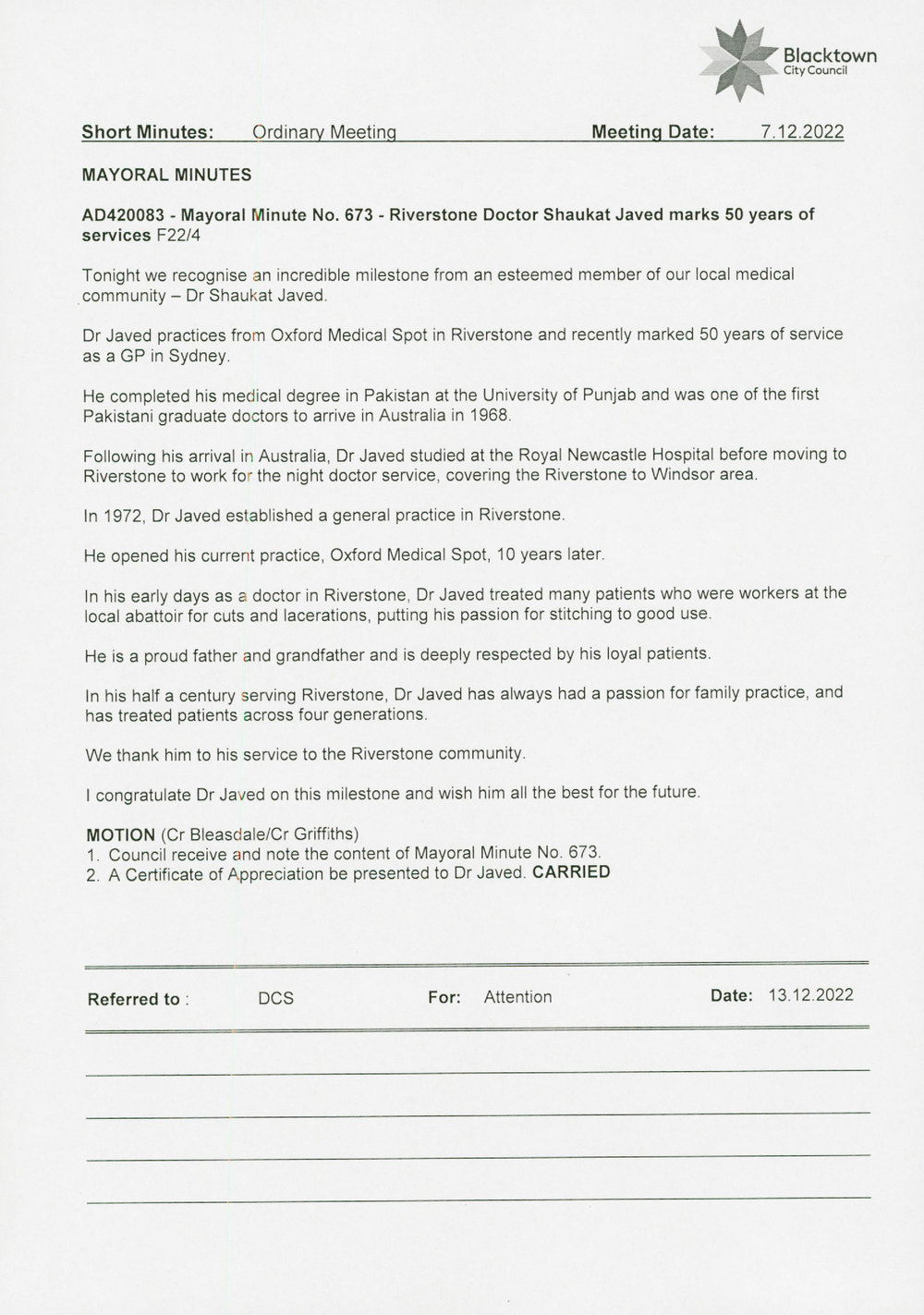 Doctor Shaukat Javed Marks 50 years of Service as a Riverstone GP (Mayoral Minute No 673), 2022