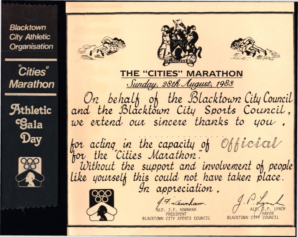 Blacktown Cities Marathon Athletic Gala Day Certificate for Officials, 1983