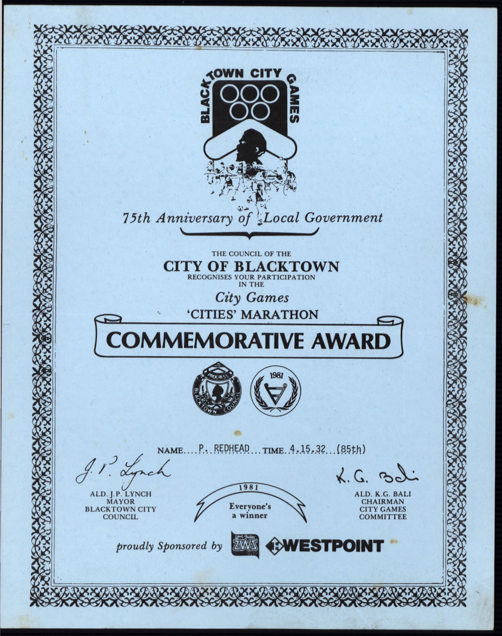 Blacktown Cities Marathon Commemorative Award, 1981