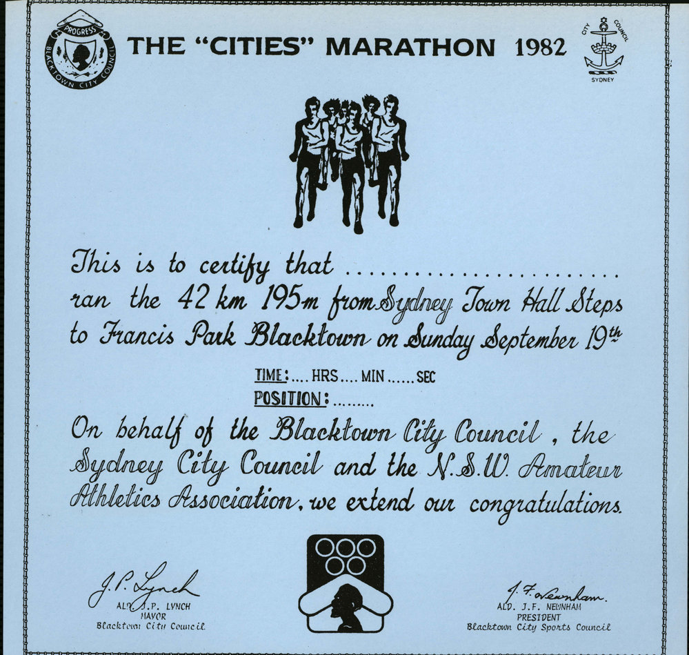 Blacktown Cities Marathon Certificate Samples, 1982