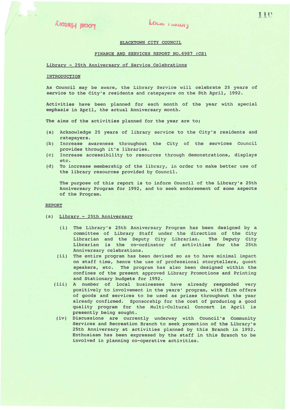 BCC Finance and Services Report -Library 25th Anniversary of Service Celebrations