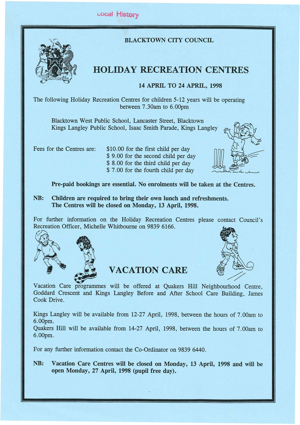Blacktown City Council Holiday Recreation Centres &amp; Vacation Care, April 1998
