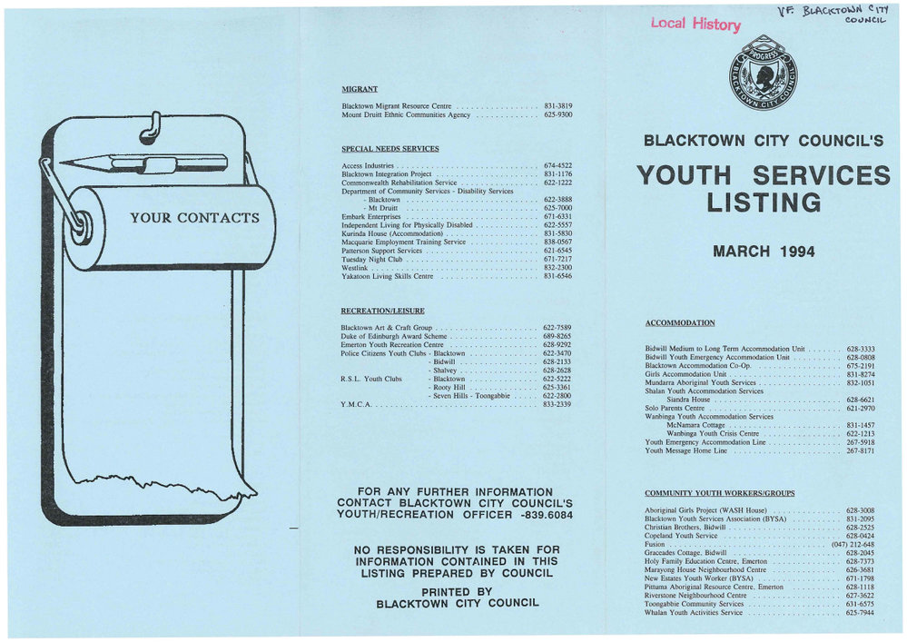 Blacktown City Council's Youth Services Listing, March 1994