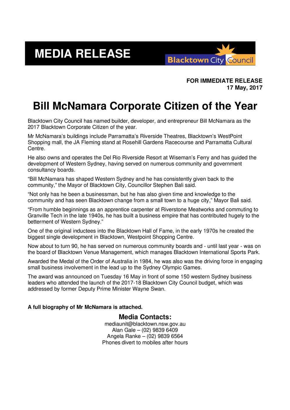 Blacktown City Council Corporate Citizen of the Year 2017, Bill McNamara